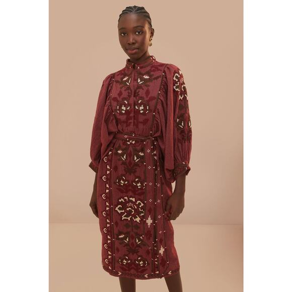FARM Rio_Toucan Scarf Cross Stitch Embroidered Midi Dress_Size XL